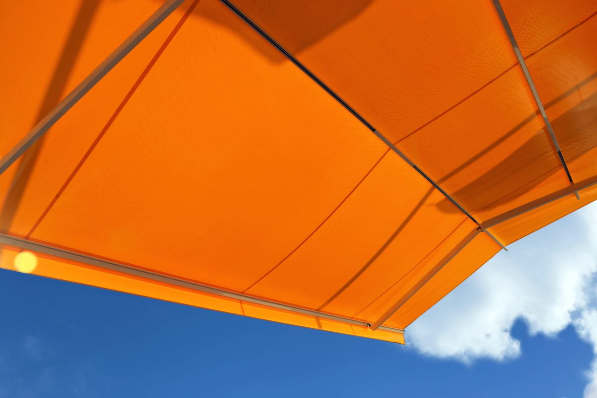 Awning against a blue sky